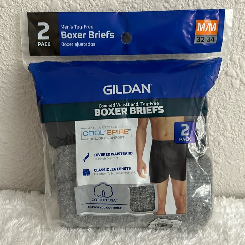 GILDAN 2 PACK Cool Spire TAG-FREE BLK/GRY BOXER BRIEFS- Men’s Size M (32-34) - Picture 1 of 3